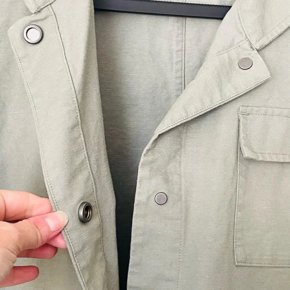 Eileen Fisher Organic Cotton Hemp Green Canvas Jacket Snap Closure Size PS